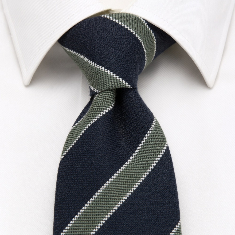Kiton Cashmere Wool Repp Tie Mens Navy Blue Gray Stripe Necktie Hand Made Italy